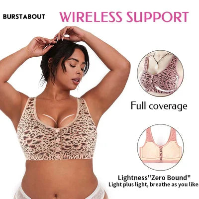 Unwired Front Button Leopard Print Plus Size Bra