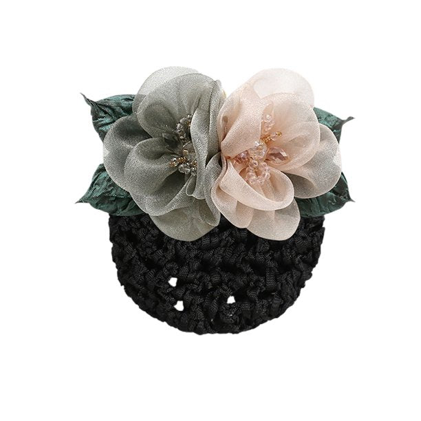 Elegant Women Hair Net Ribbon Flowers Beads Bun Net Hairgrip